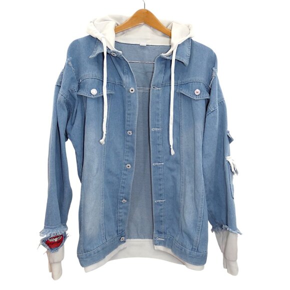 Anime Denim Hoodie Jacket Blue XL Fits M/L Streetwear Grunge Layered Look - Picture 2 of 9